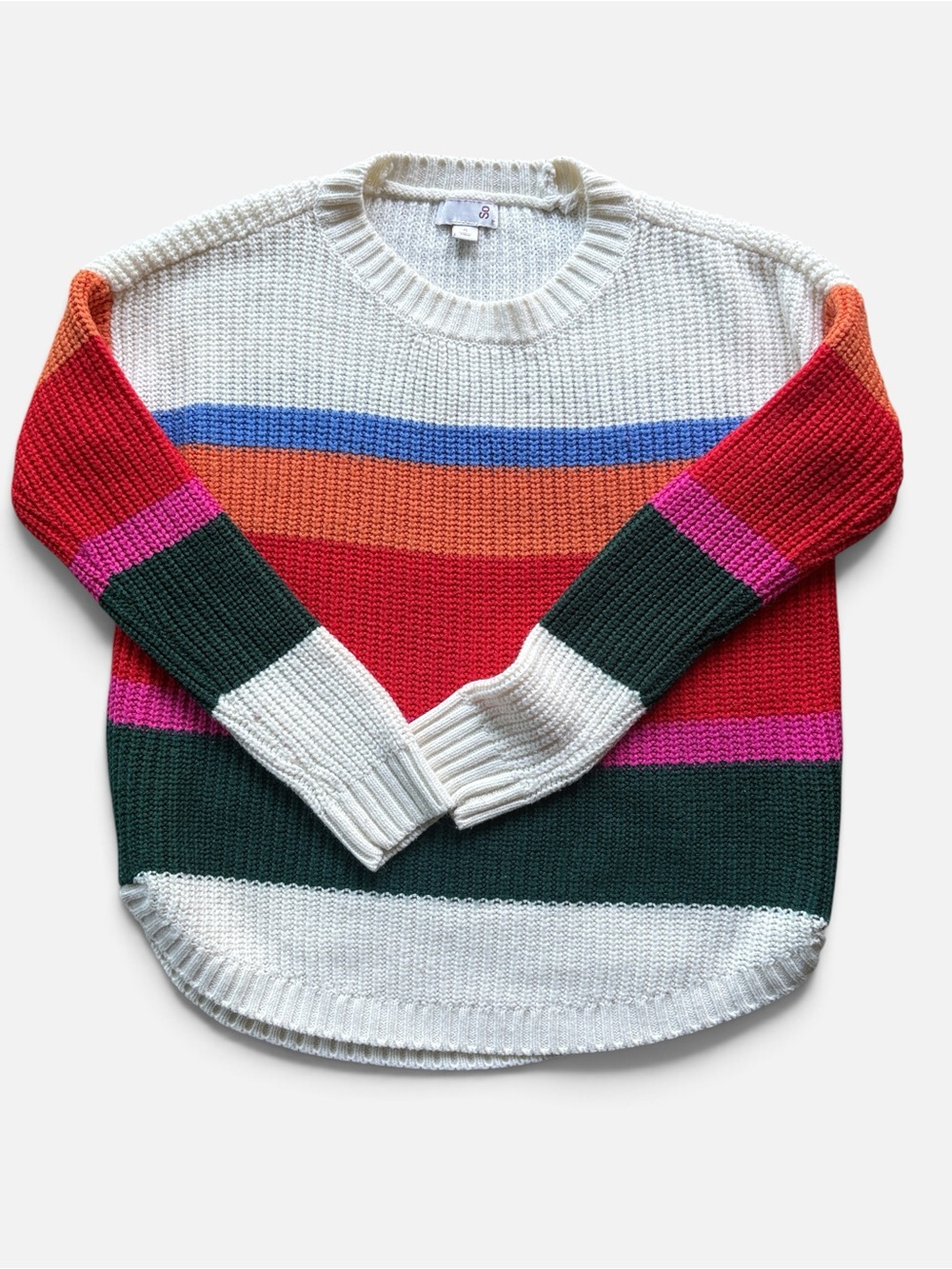 SO Multicolor Striped Crewneck Sweater in White, Red, Orange, Pink, Blue & Green